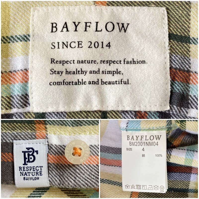 美品 BAYFLOW ベイフロー バックプリント ネルチェックワークシャツ 4 茶 マチ付 フラップ両ポケット サーフスタイル アダストリア 送無料の画像10