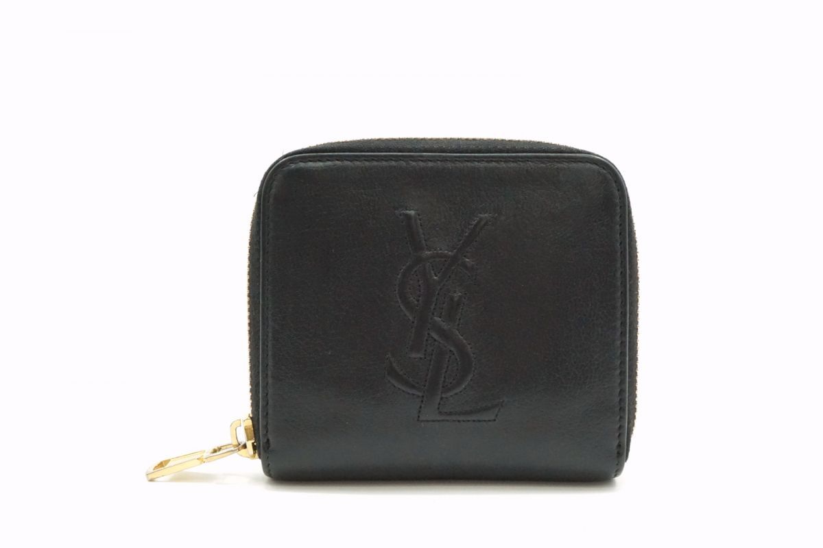 イヴ サンローラン ヴィンテージ 二つ折り 財布 ラウンドファスナー 小銭入れ カサンドラ レザー 黒 ブラック Yves Saint Laurent 7918k_画像1