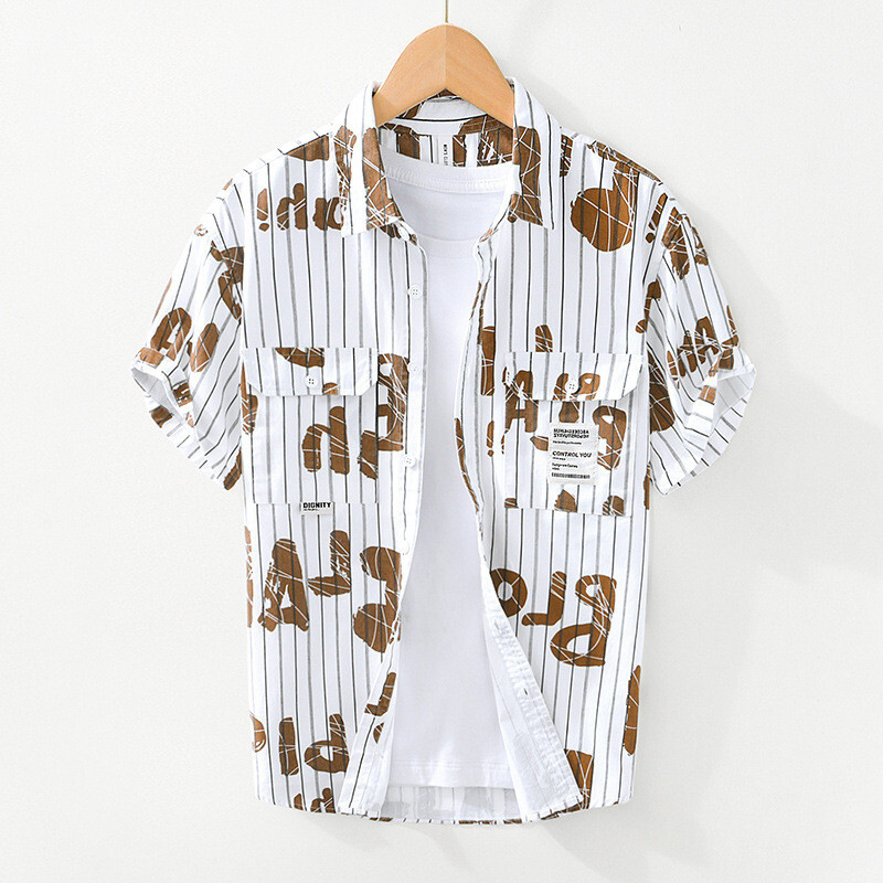 半袖シャツ　新品*メンズ カジュアルシャツ　ストライプ　コットンシャツ　ネルシャツ　夏服【L2058】茶色　3XL_画像1