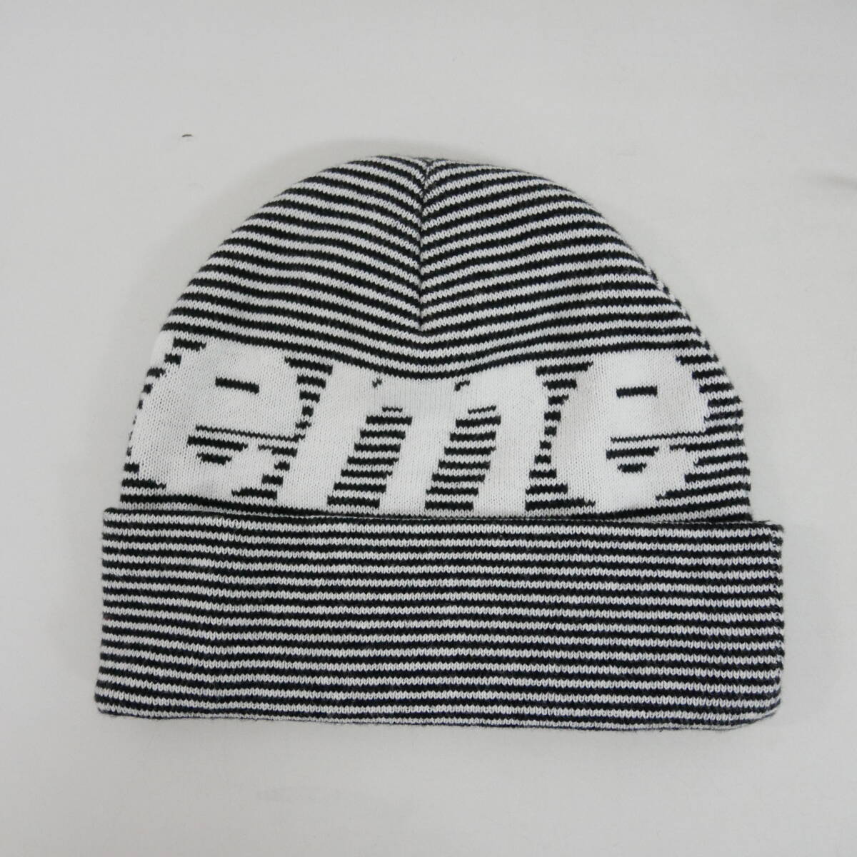 【1円】試着 国内正規 Supreme 22AW 22FW Big Logo Beanie ビッグロゴビーニー カシミヤ混コットン Black Stripe ブラックストライプ Free_画像2