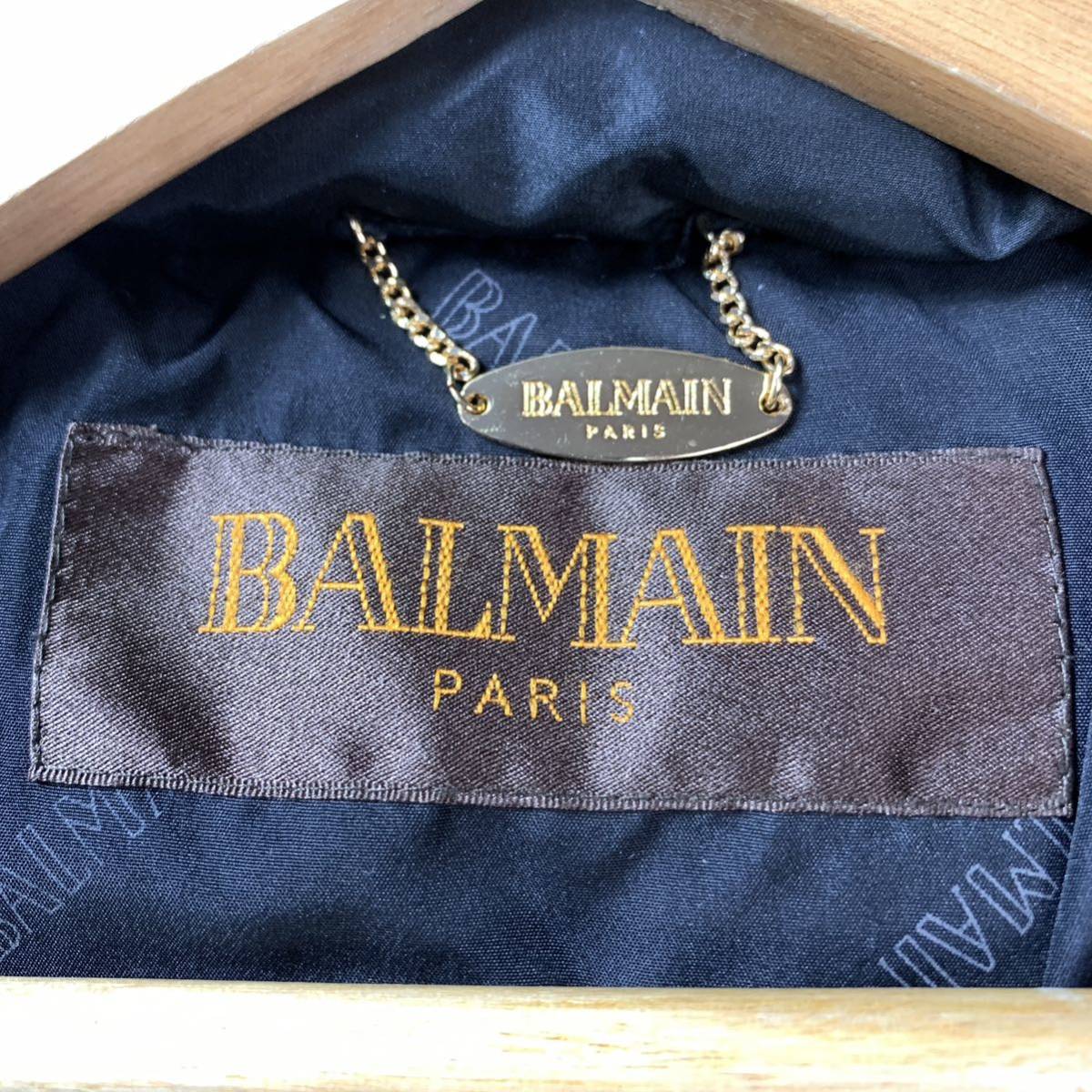 BALMAIN バルマン ダウンコート ブラック 黒 シルク ブルーフォックス フード ファー取外し可能 ベルト付き M YA6206_画像6