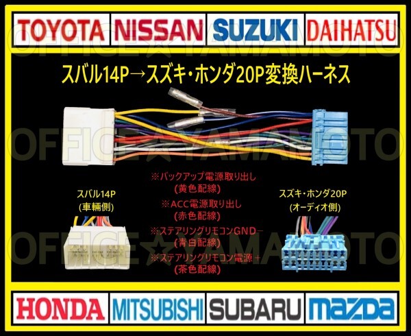 スバル14P→スズキ・ホンダ20P オーディオ ナビ 変換ハーネス 互換性 コネクタ カプラ 電源取出し ステアリングリモコン接続可能 a_画像1