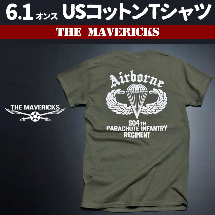 THE MAVERICKS Tシャツ L ミリタリー 半袖 メンズ エアボーン パラシュート部隊 ブランド オリーブ_画像1