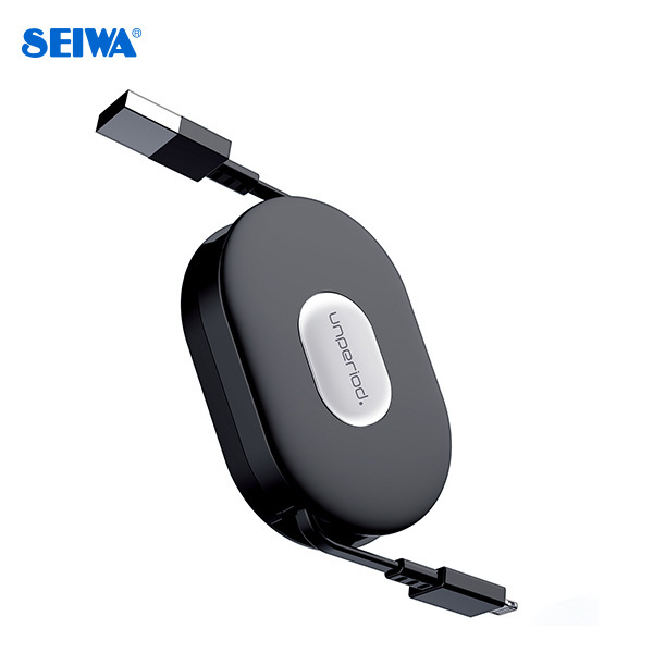 リールケーブル　A to L 2.4A ブラック リール収納式充電ケーブル Lightning Type-A USB セイワ/SEIWA AL355_画像1