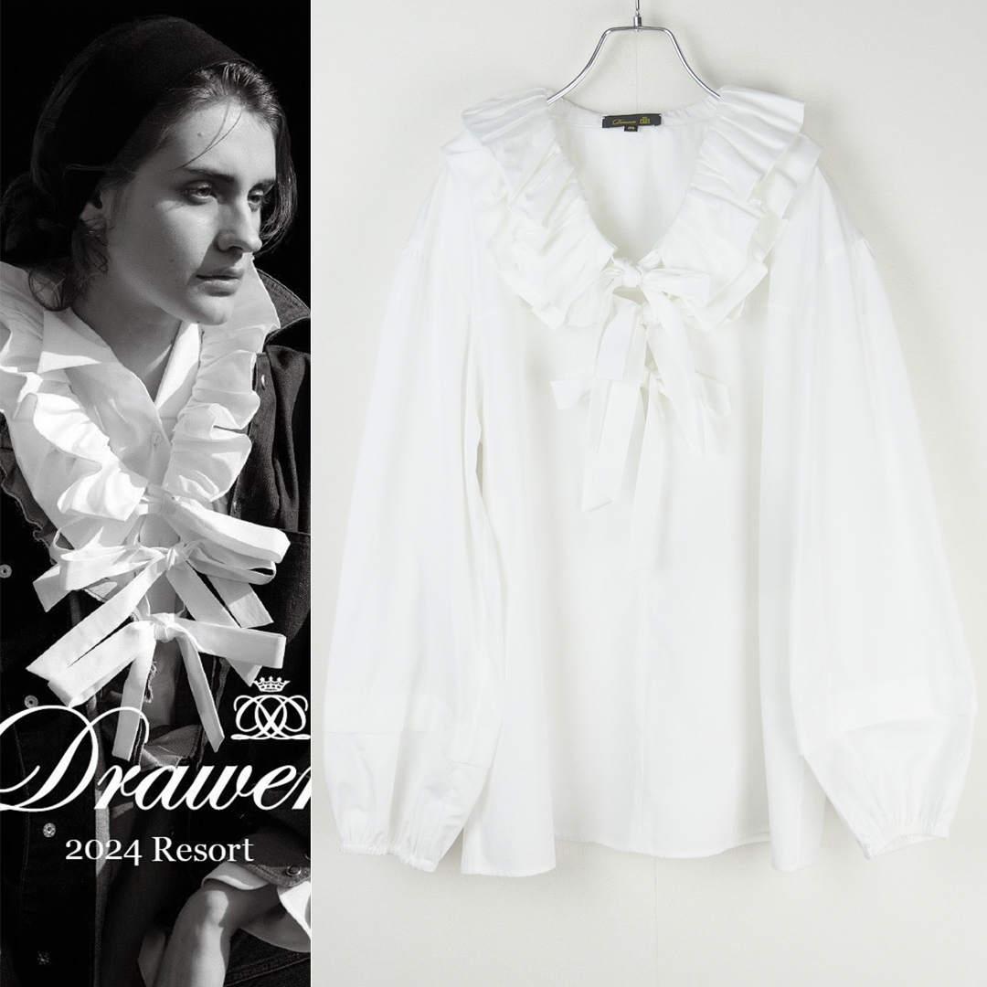Drawer ドゥロワー 今季24SS フリルリボンブラウス38 美品 ホワイト コットンシャツ ボリュームスリーブ 定価7.5万円_画像1
