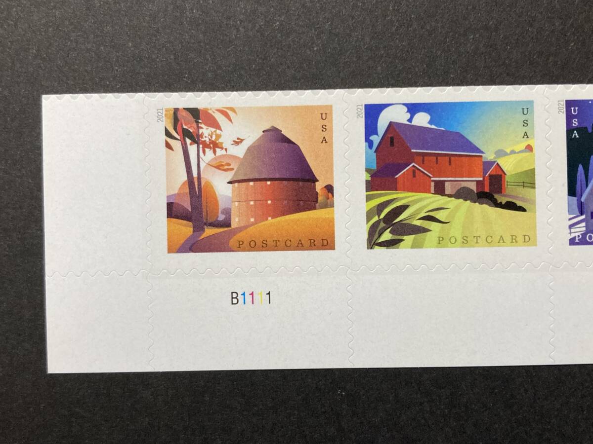 外国切手（未使用）アメリカ合衆国 2021年発行 納屋 セルフ糊 4種ストリップ - シール式 小屋 畜舎 物置 倉庫 建造物 建物 農村_画像3