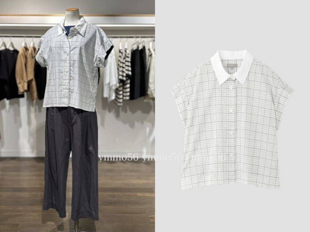 美品✨マーガレットハウエル 23ss コットンリネンチェック 襟付き異素材シャツ 極美品 2023SS MARGARET HOWELL マーガレットハウエル コットン