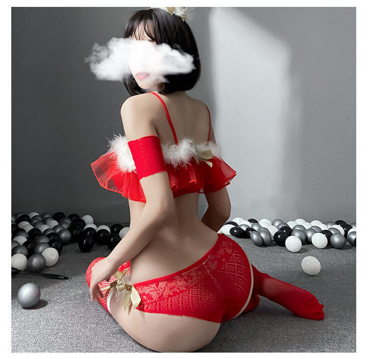 NEW【7437】赤 超セクシー 網スーツ ニーハイ コスプレ プレイスーツ 【4点セット】ベビードール 仮装 イベント クリスマス サンタクロースの画像1