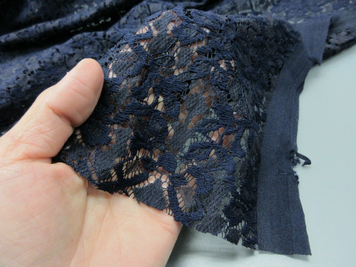 KA4136-1 * poly- | nylon . russell lace fabric * length 3m| floral print | navy × dark brown 