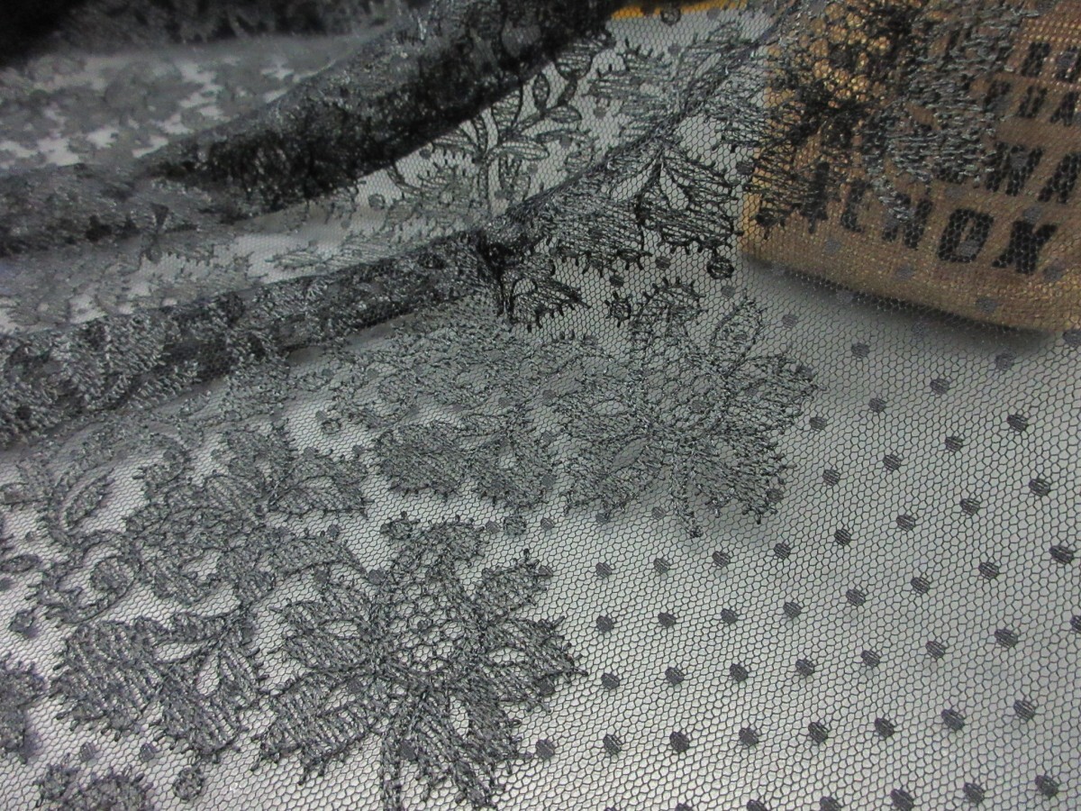 KA4146-1 * poly- series chu-ru Jaguar do lace fabric * length 3m| floral print × dot | black 
