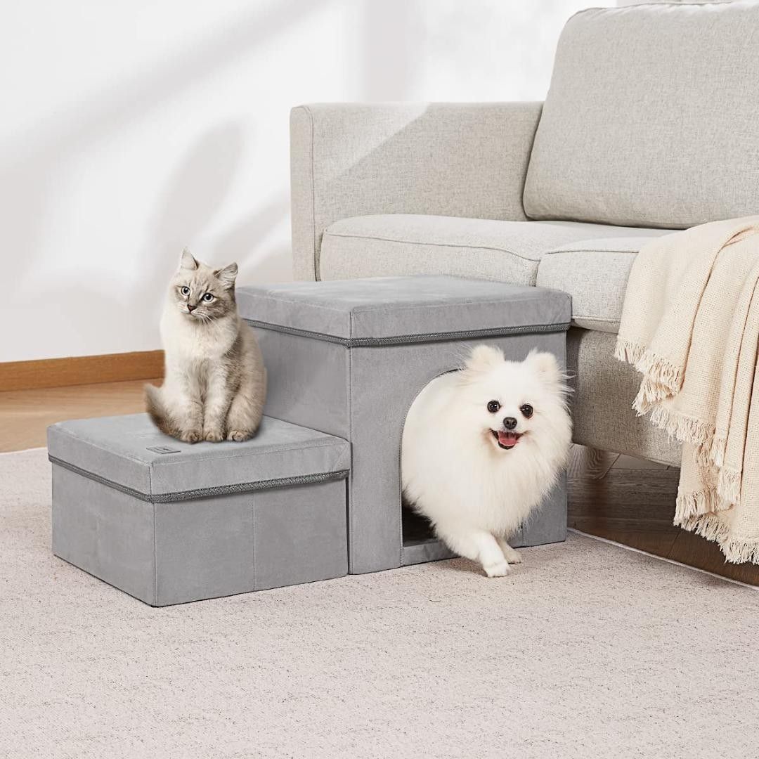 2in1ドッグステップ 猫ハウス 2段 折り畳収納型ペット用階段 高齢犬 シニア犬 スロープ 踏み台 介護用品 (灰)