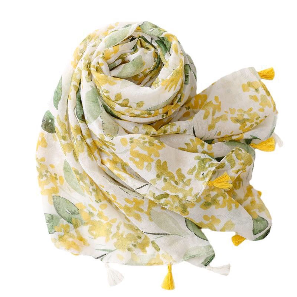 人気　おしゃれ　花柄　ストール　大判　フリンジ　イエロー　グリーン　黄色　緑 スカーフ 黄 フラワー