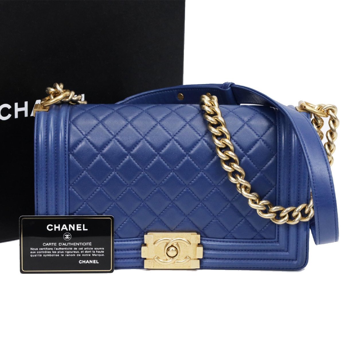 【超美品】大特価 CHANEL シャネル ラムスキン ボーイシャネル チェーンショルダー ゴールド金具 　ブルー バッグ 鞄【金沢店】