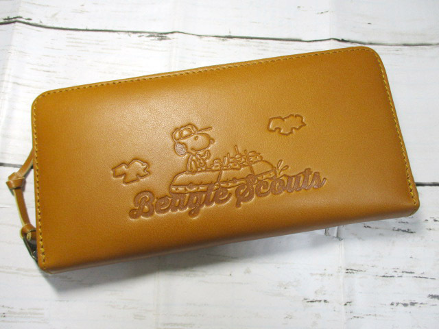 新品 スヌーピー 財布 レディース 長財布 ラウンド SNOOPY 本革 Beagle Scouts ビーグルスカウト 可愛いデザイン キャメル_画像1