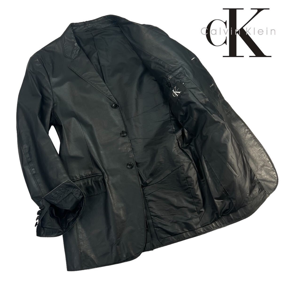 美品 90's Calvin Klein カルバンクライン 3Bレザーテーラードジャケット サイズM ブラック 牛革 肩部分.脇下.ポケットに汚れ.スレ有 A2278_画像1