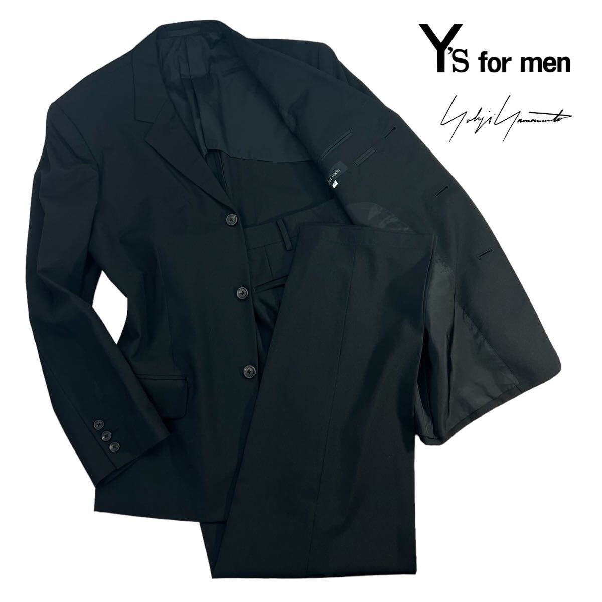 極美品 Y's for men ワイズフォーメン スーツ セットアップ サイズ上2/下3(M-L相当) ブラック 日本製 2002SS 美シルエット 上質 希少 A2282