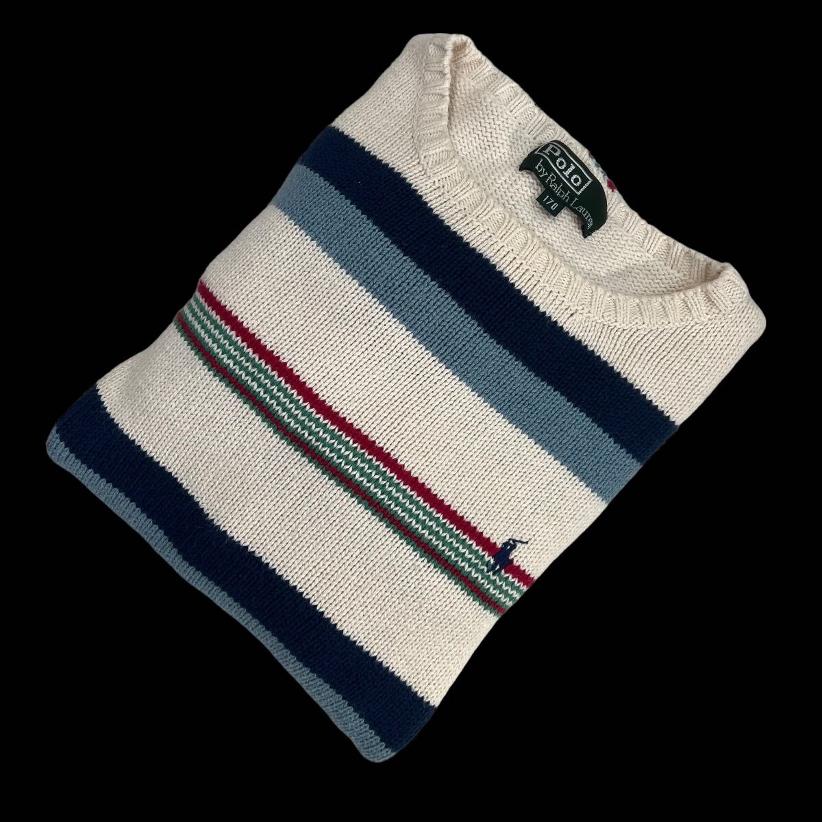 美品 80s 90s POLO BY RALPH LAUREN ポロ バイ ラルフローレン ボーダー ニット セーター サイズ170/L相当 アイボリー マルチカラー A2308_画像2