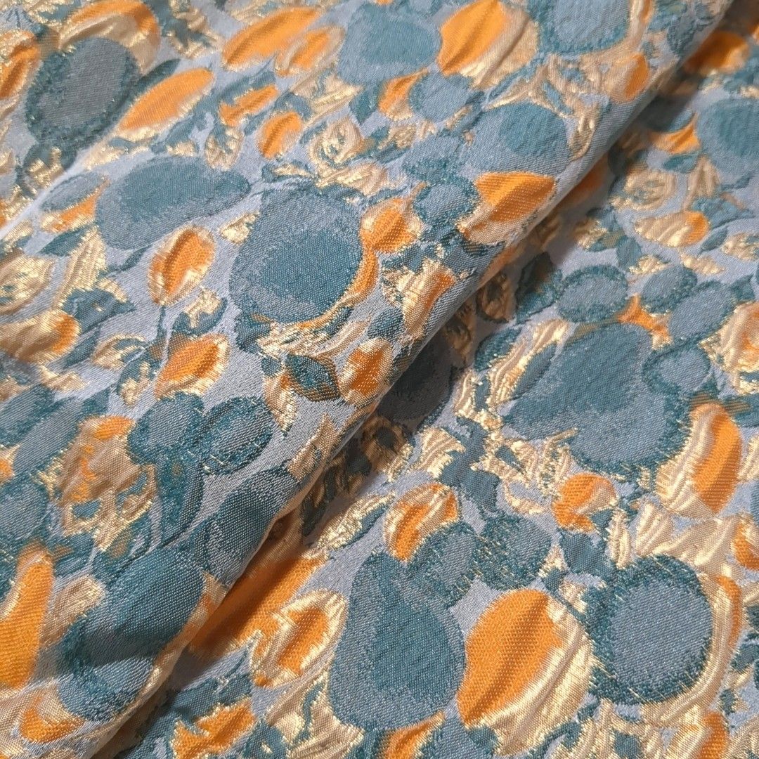 オレンジ ブルー ゴールド  生地 レトロ ジャガード 100×138cm 