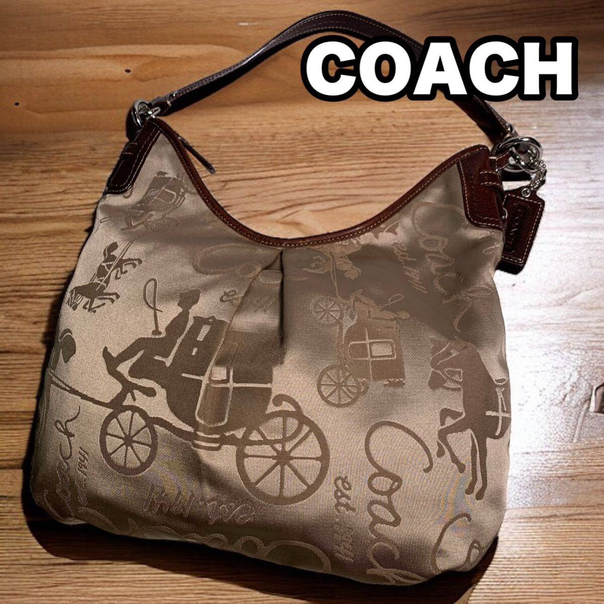 COACH 馬車柄 ワンショルダー ホーボーバッグ レザー ナイロン ショルダーバッグ ブラウン