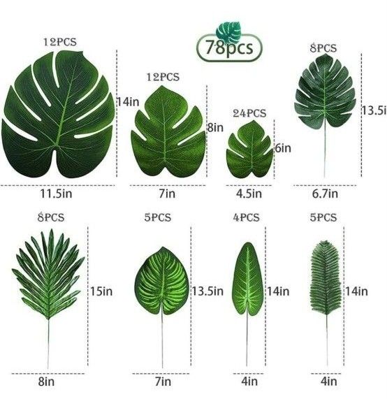 78個 8種類の葉　熱帯のヤシの葉　モンステラの葉　装飾　人工植物