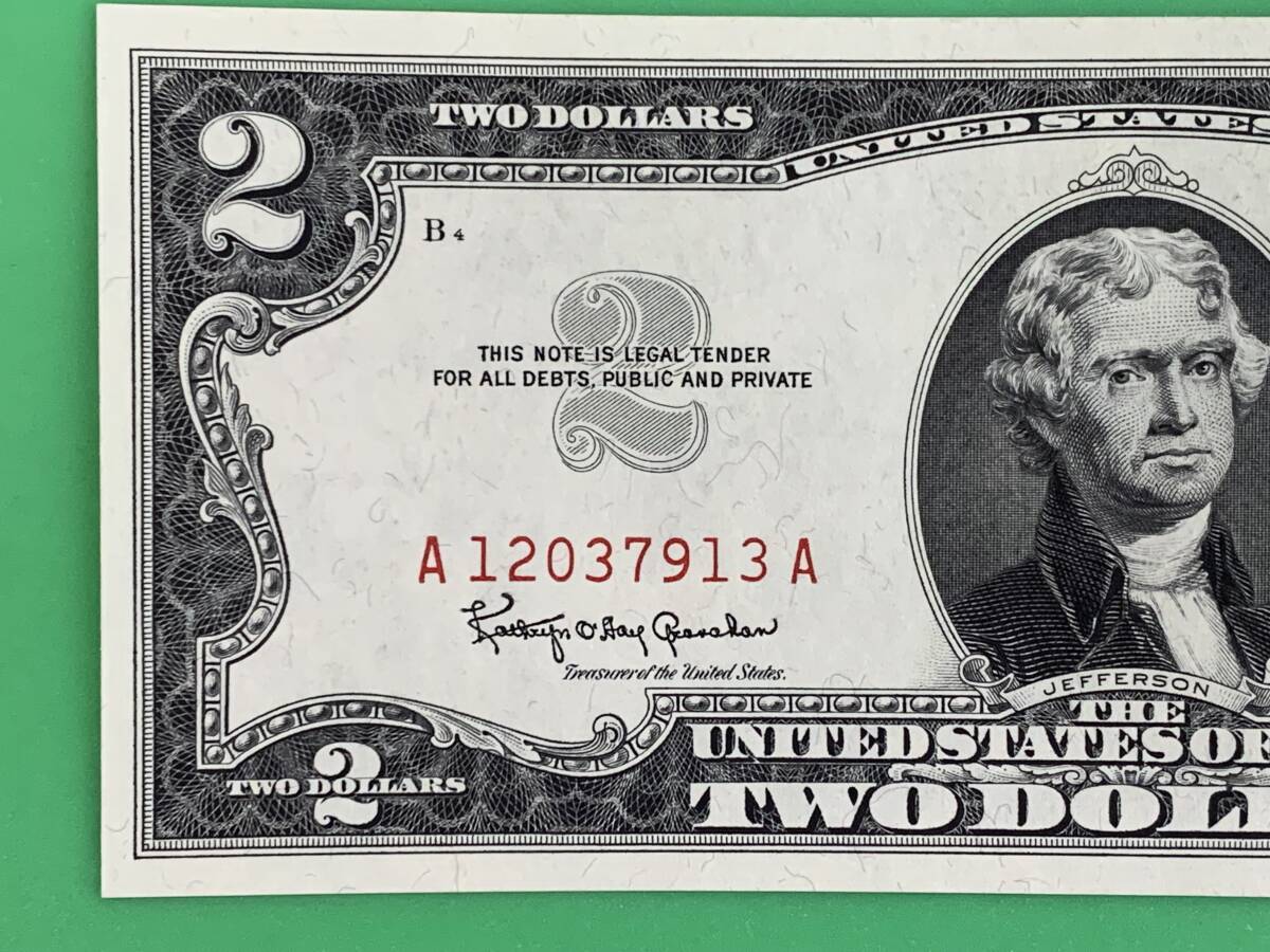 1963年　レッドシール　アメリカ　2ドル札 $2札　昭和38年 激レア ラッキー 米ドル　ピン札 新札　赤紋章　ケネディ大統領_画像2