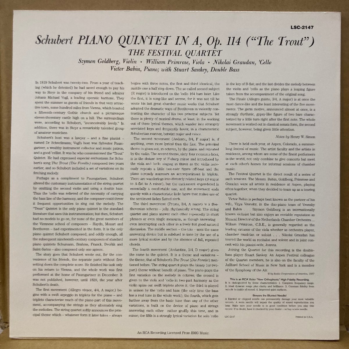 ★S.GOLDBERG シモン・ゴールドベルク / SCHUBERT: TROUT QUINTET / LSC2147 / リイシュー重量盤 ★送料着払い★URT_画像2