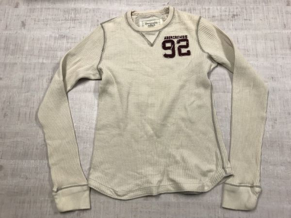 アバクロンビー＆フィッチ Abercrombie&Fitch アメカジ Vガゼット ダメージ加工 ワッフル ロンT 長袖Tシャツ カットソー メンズ 生成り_画像1