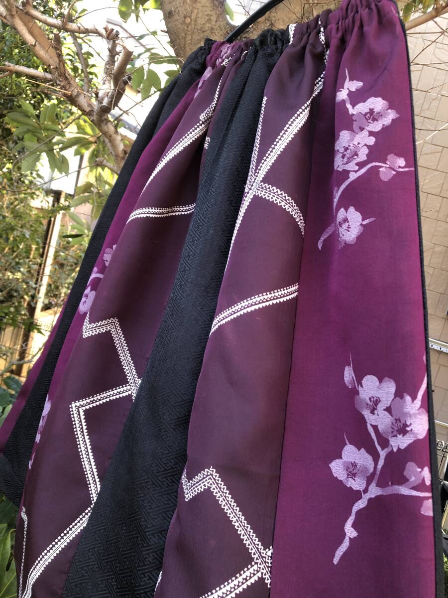 ハンドメイド 着物リメイク・和服リメイク パッチワーク ロングスカート・フレアスカート 紫・ブラック 粋 アンティークの画像6