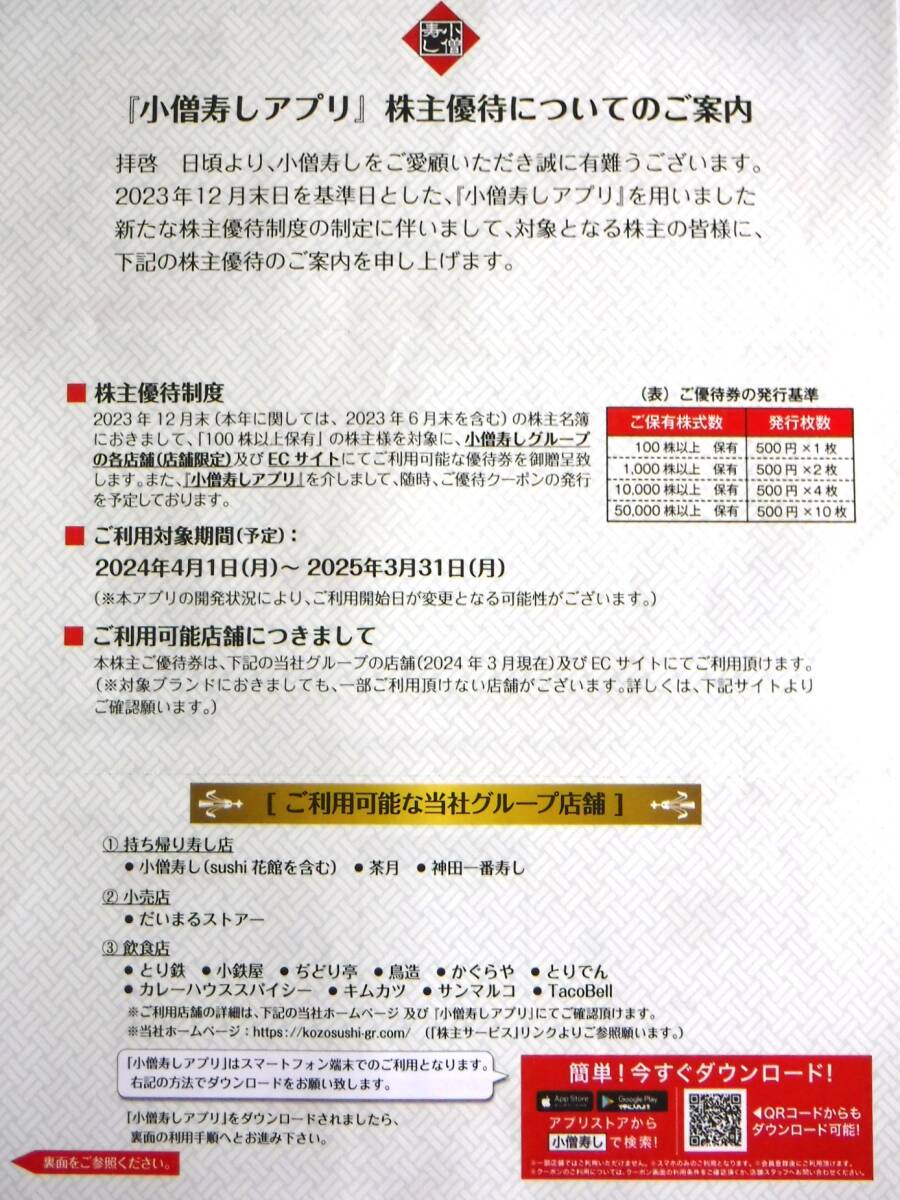 「小僧寿しアプリ」株主優待コード 500円分 有効期限 2024年4月1日～2025年3月31日　※株主優待コード通知のみ_画像2