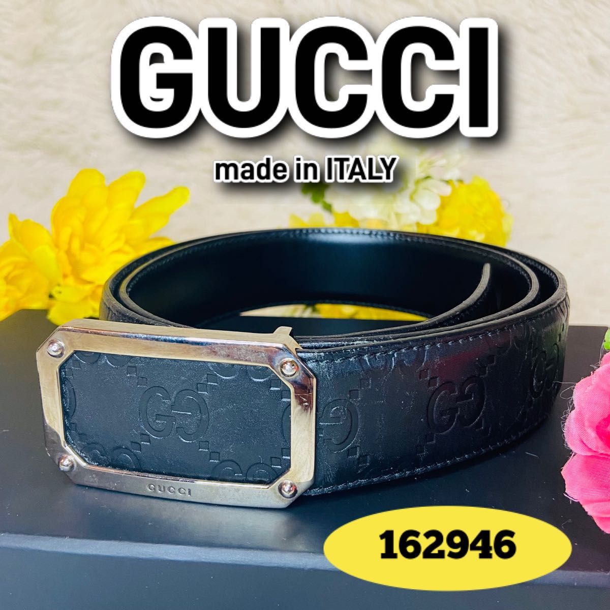 本革●貴重●GUCCI●グッチ●ベルト●ブラック●シマ●162946●型押し●GG柄●メンズ●レザー●バックル●