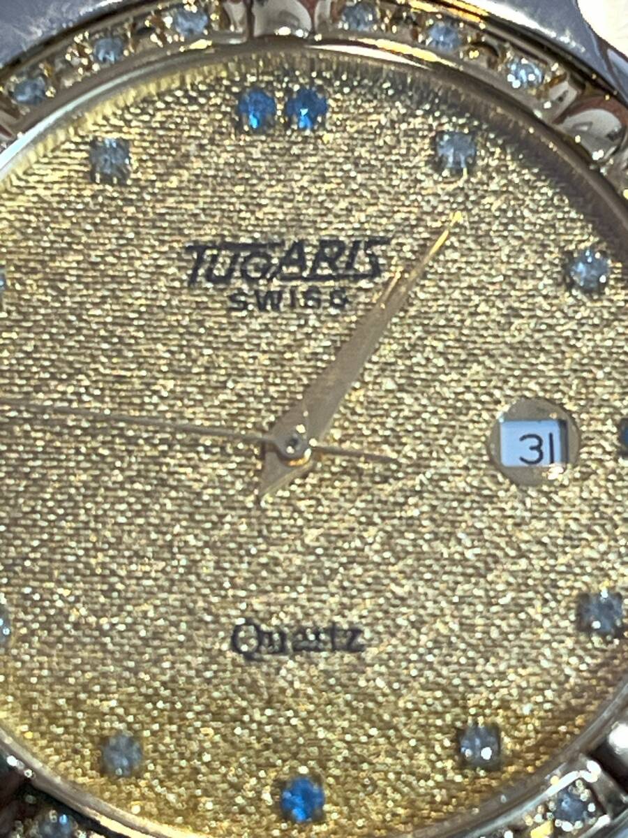 松本市発　動画あり　TUGARIS タガリス　メンズ腕時計 18K GOLD CROWN　デイト TS-103D　クォーツ ラウンド　稼動中ですが ジャンク