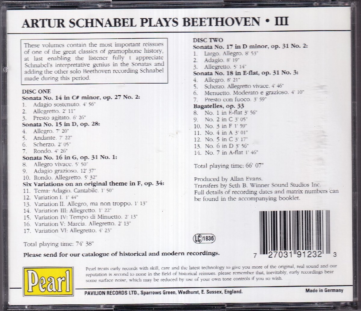 Pearl シュナーベル(P) plays ベートーヴェンVOL3 2CDの画像2