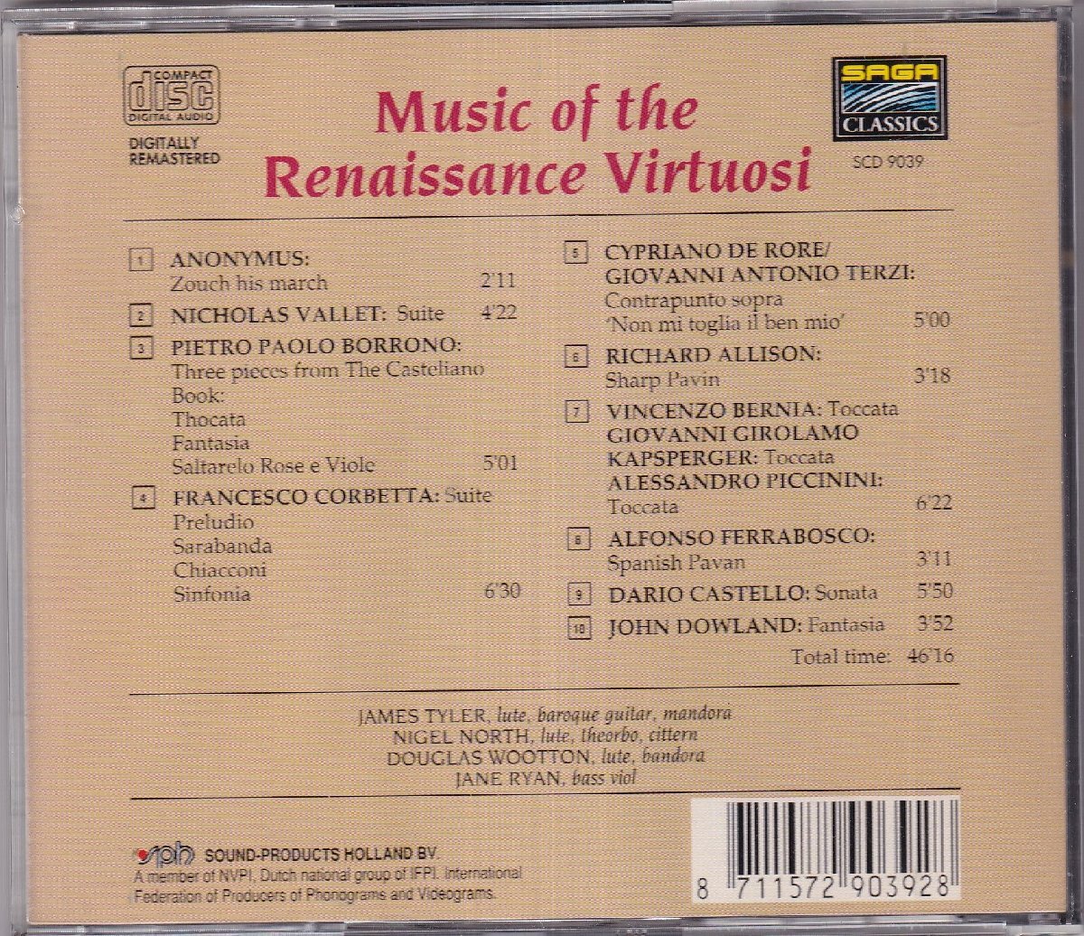 SAGA 「Music of the Renaissance Virtuosi」 ジェイムズ・タイラー(リュート、他)の画像2