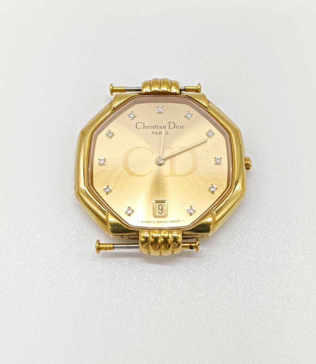 動作確認OK hristian Dior クリスチャン ディオール オクタゴン 腕時計 石付き 45-154 デイト SS クォーツ QZ ゴールド ベルト無し IO0084