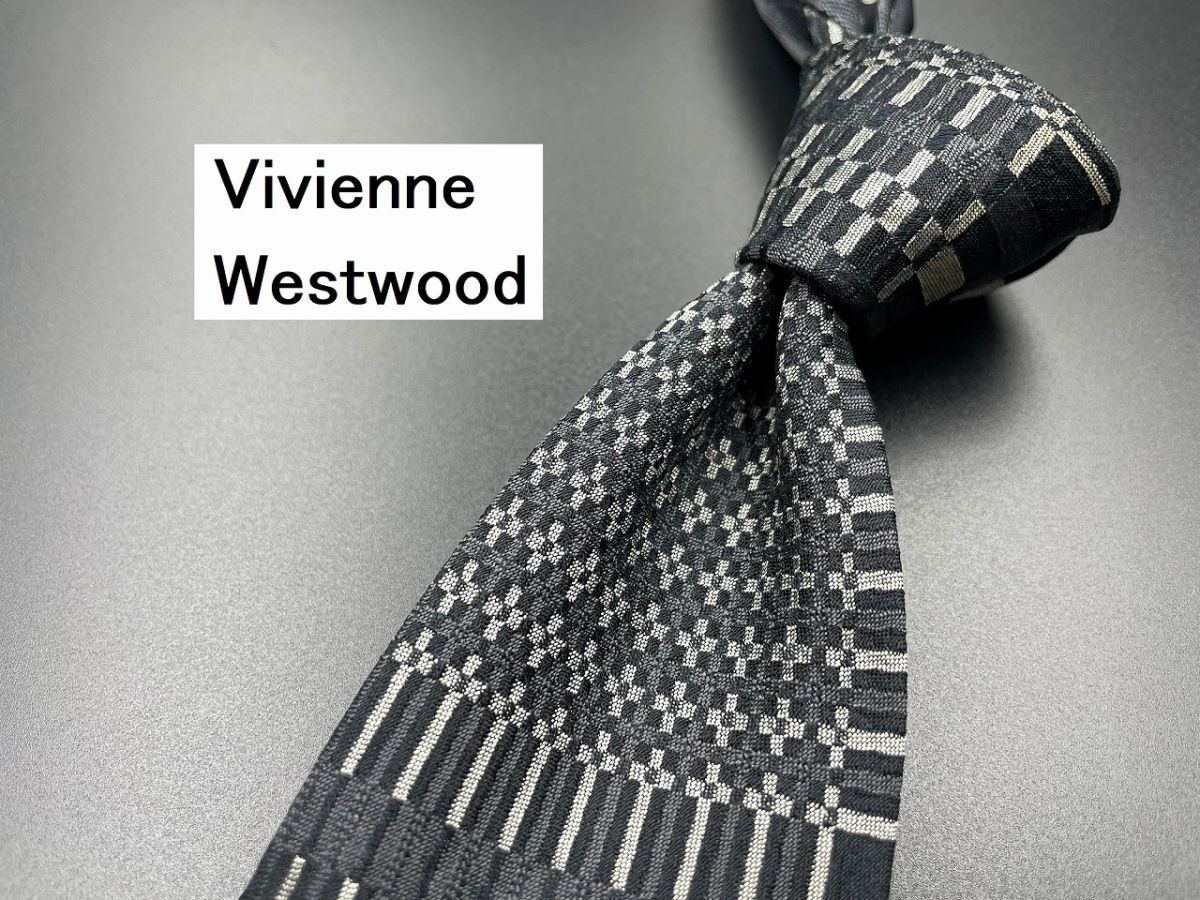 【美品】ViviennWestwood　ヴィヴィアンウエストウッド　オーブ＆チェック柄　ネクタイ　3本以上送料無料　ブラックグレイ　0303096_画像1