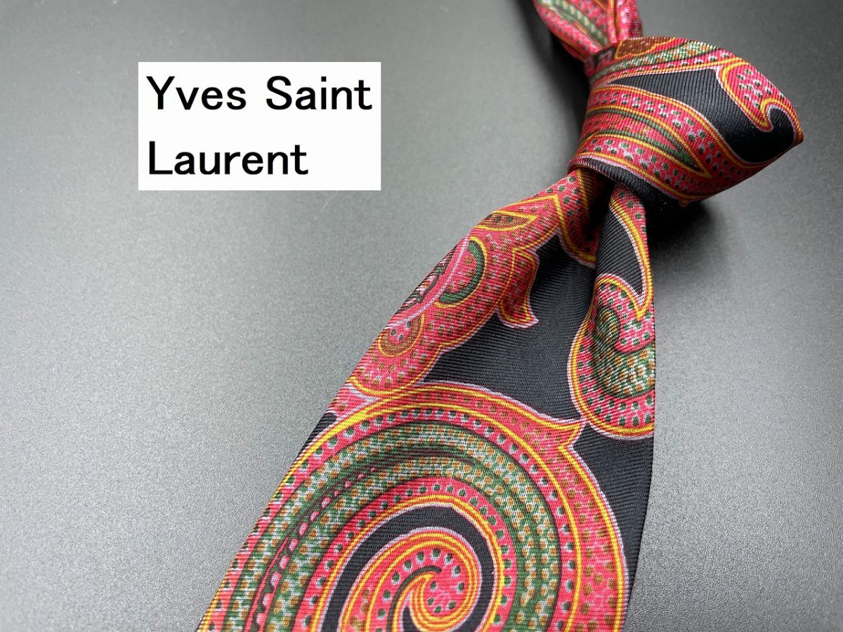 【美品】YvesSaintLaurent サンローラン ペイズリー柄 ネクタイ 3本以上送料無料 ブラック 0304115の画像1