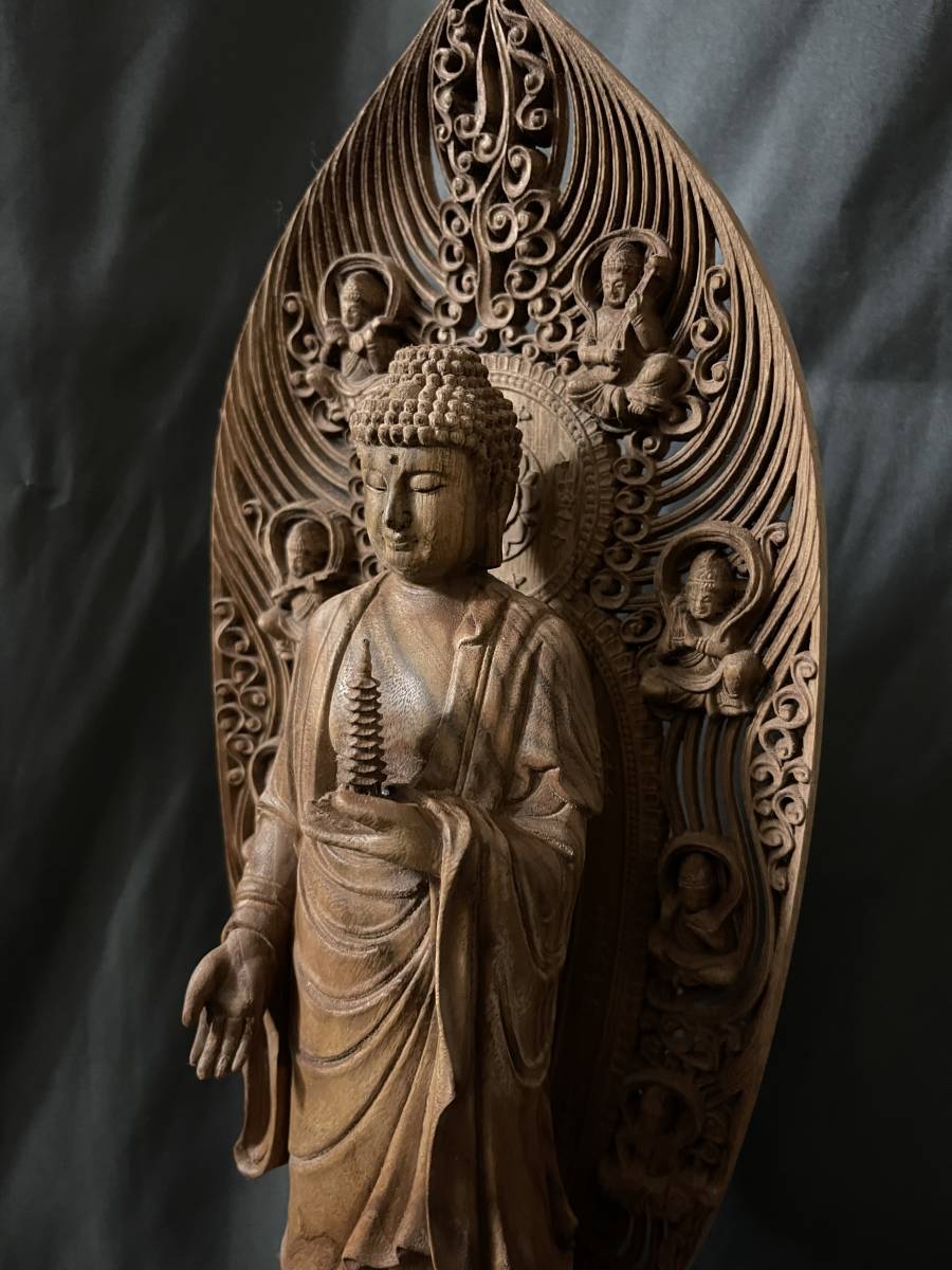 高45cm 仏教工芸品　総楠製　井波彫刻　極上彫　木彫仏像　薬師如来立像_画像5