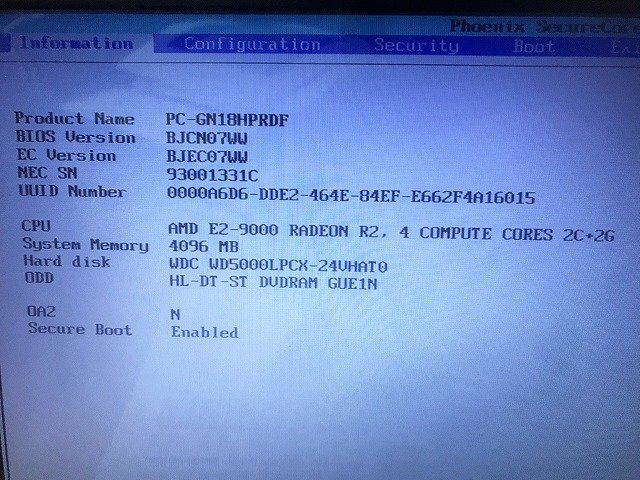 SMG36966相 NEC ノートPC PC-GN18HPRDF AMD E2-9000 RADEON R2,4 COMPUTE CORES 2C+2G メモリ4GB HDD500GB ジャンク 直接お渡し歓迎_画像2