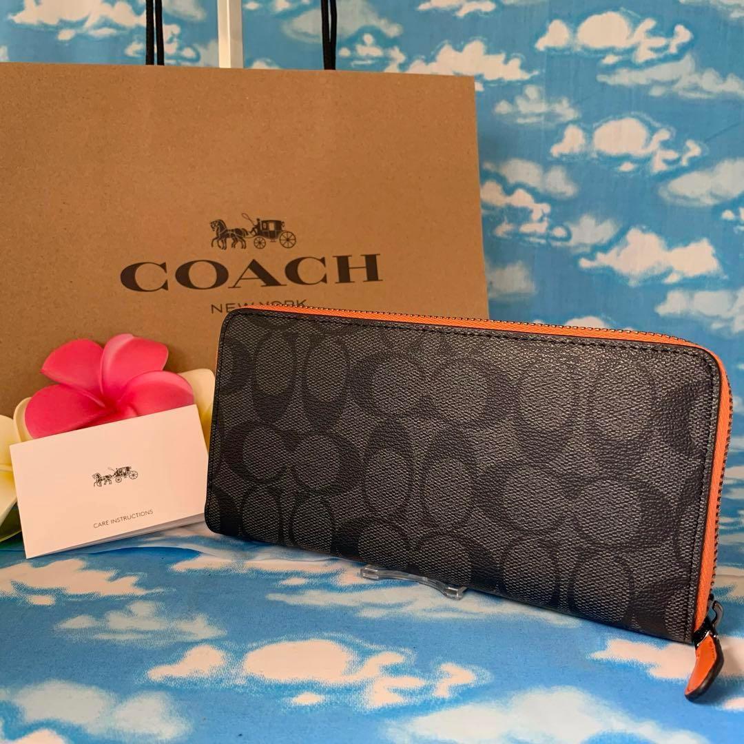 COACH シグネチャー グレー × オレンジ ネイビー 長財布｜Yahoo!フリマ