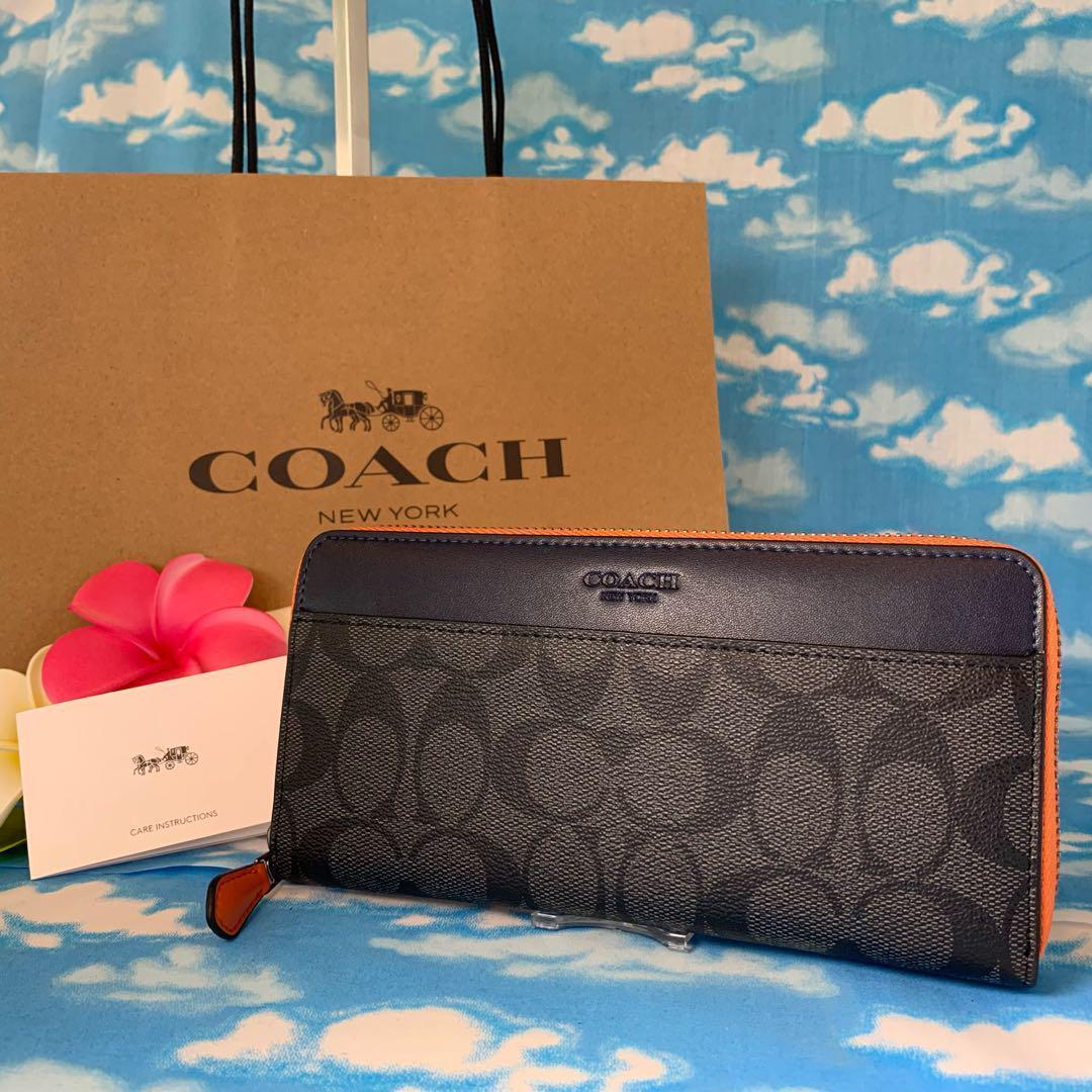 COACH シグネチャー グレー × オレンジ ネイビー 長財布｜Yahoo!フリマ