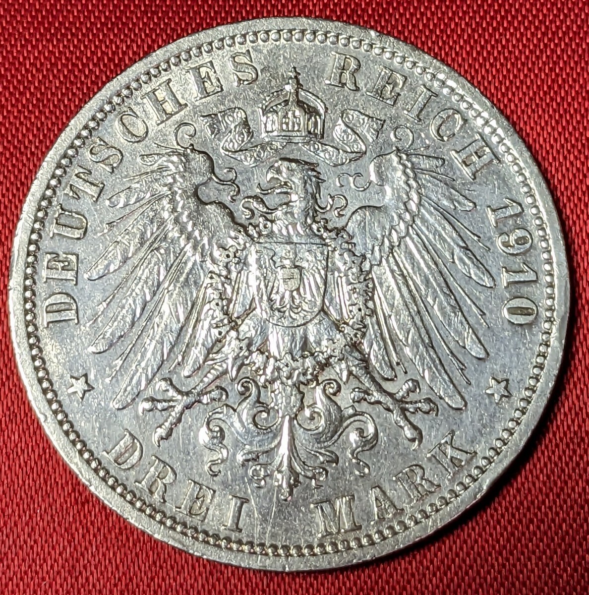 ドイツ・諸国　プロシア　3マルク・プルーフ銀貨 　1910年 　【発行枚数不明・トーン】　　 　　　　　玉ちゃんNo.3195_画像2