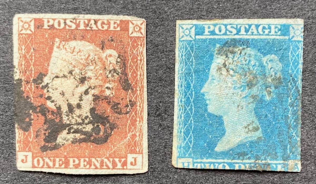 【イギリス】1841年発行：QV クラシック切手　1p, 2p 使用済　＊並品_画像1