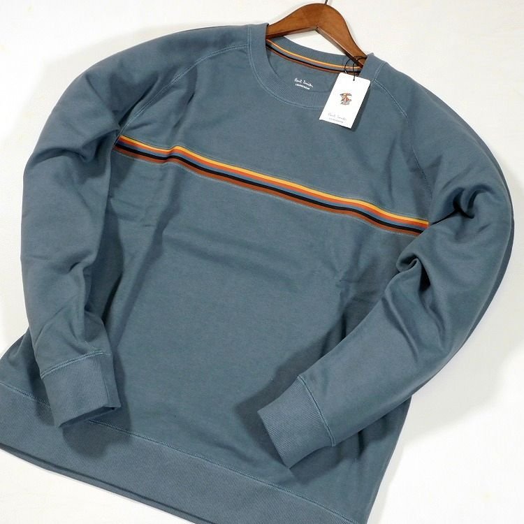  новый товар Paul Smith футболка художник полоса линия LL(XL) голубой вырез лодочкой тренировочный Paul Smith мужской [3029]