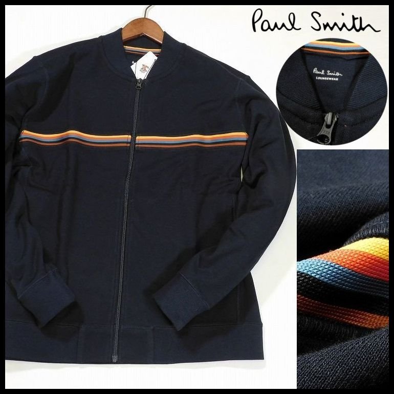 新品 1円～ 定価15,400円 ポールスミス ジップアップ ジャケット LL 紺 アーティストストライプライン 裏パイル Paul Smith メンズ【3047】_画像1