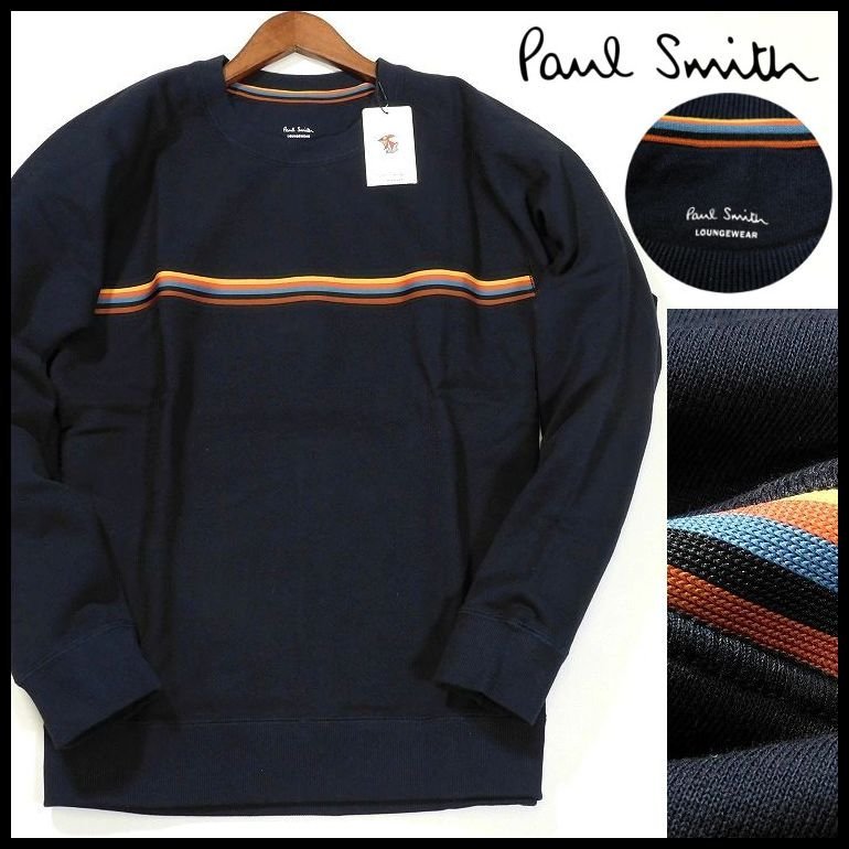  новый товар Paul Smith футболка L темно-синий художник полоса линия вырез лодочкой тренировочный обратная сторона пирог ruPaul Smith мужской [3026]