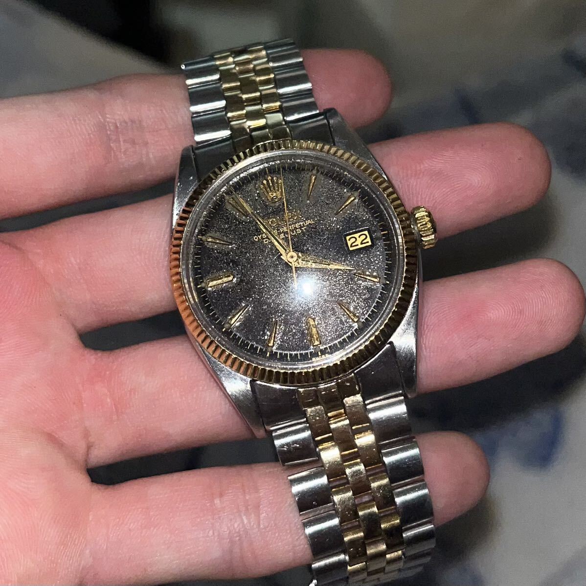 Rolex datejust 6605 ロレックス デイトジャスト コンビ cal 1066 黒 文字盤 ブラック ミラー ギルト ギャラクシー ダイアル 腕時計 稼働品の画像9