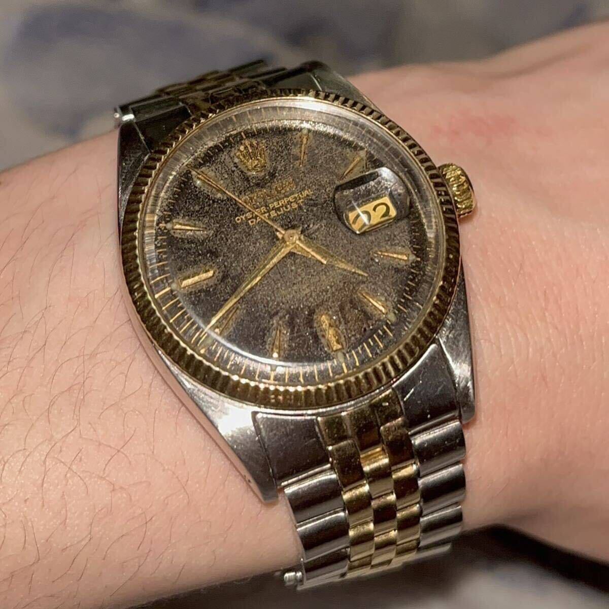 Rolex datejust 6605 ロレックス デイトジャスト コンビ cal 1066 黒 文字盤 ブラック ミラー ギルト トロピカル 稼働品 1600 1601 1603 の画像4