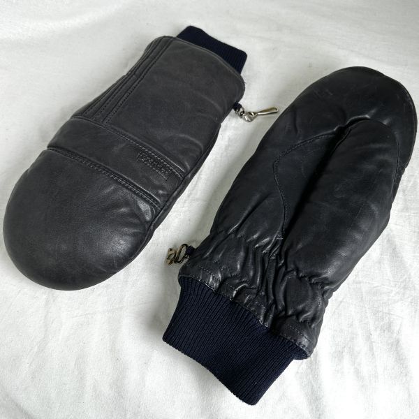 90s Philippines made Grandoe navy leather mitten glove gloves L plain cotton inside ski snowboard winter 00s Old Vintage 