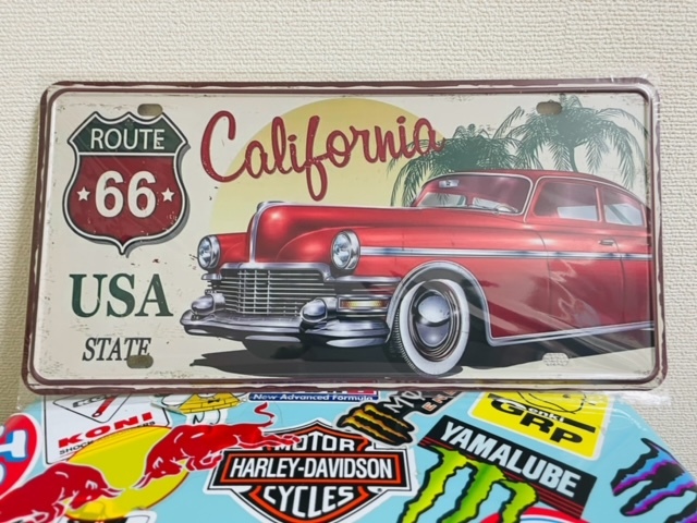 【E32】route66 ルート66 USA　カリフォルニア　ドライブイン　クラシックカー　ナンバープレート型　ブリキ看板 壁掛け　装飾品_画像1