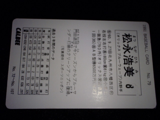 1991 カルビーベースボールカード No79 松永浩美 オリックスブルーウェーブ_画像3